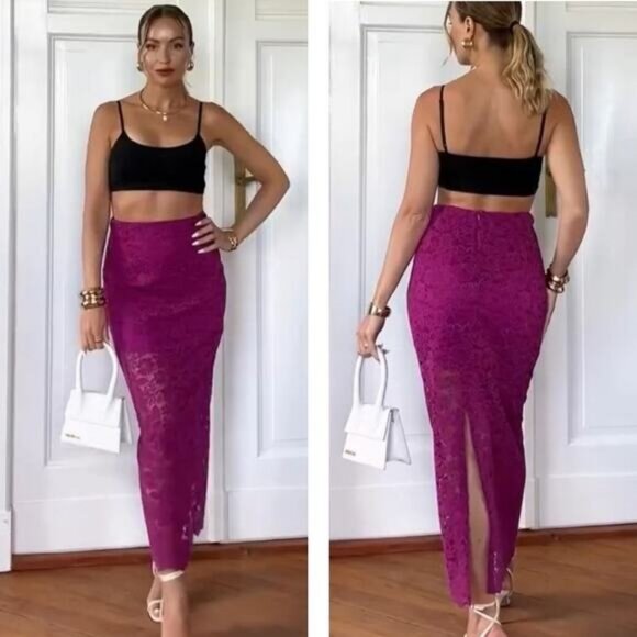 ZARA High-Waisted Floral Lace Rear Slit Midi Skirt Size XS Fuchsia - Picture 2 of 9